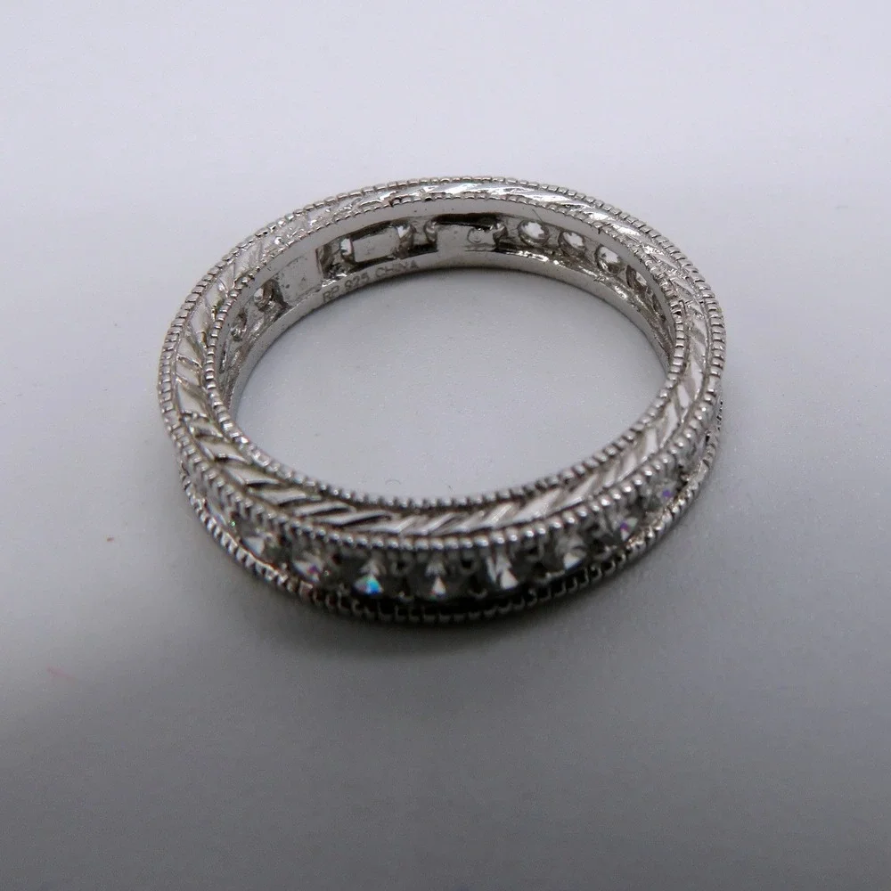 Silver Tone Eternity Band Ring Milgrain Clear Stone Size 6.5